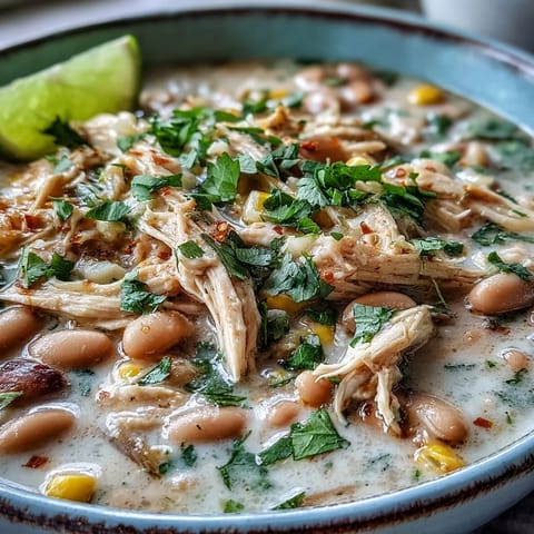White Chicken Chili simmering in a Dutch oven with tender shredded chicken, white beans, and sweet corn.