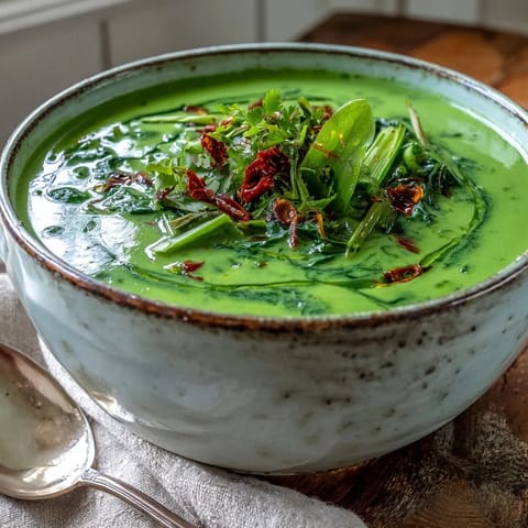 Spinach Coriander Lemongrass Soup steams in a white bowl, featuring creamy coconut texture and fresh herbs, with a spoon ready for a comforting lunch.