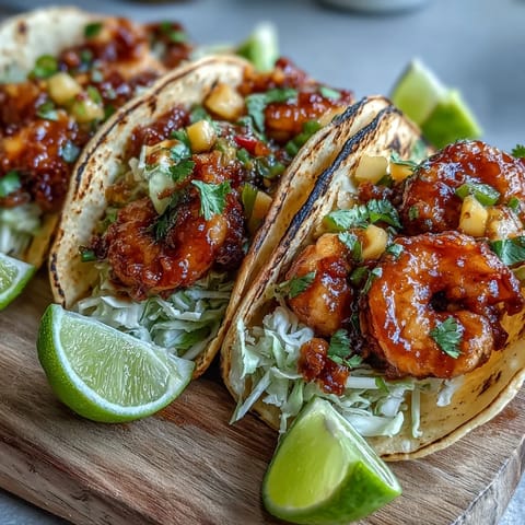 Platter of Sriracha Shrimp Tacos with Mango Salsa garnished with lime wedges and fresh cilantro. 