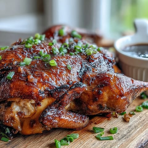 Golden-brown Five-Spice Roast Ducks glistening with a honey glaze on a platter with orange wedges and star anise. 