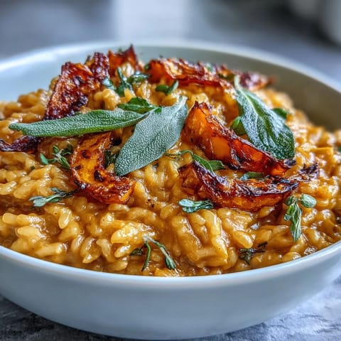 Creamy Vegan Pumpkin Risotto topped with golden roasted pumpkin cubes and crispy sage leaves served in a rustic bowl.