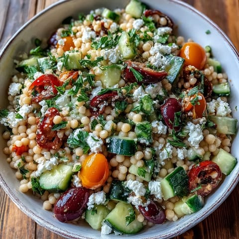 A colorful serving of Mediterranean Pearl Couscous garnished with fresh parsley and feta, perfect for a quick vegetarian lunch or side dish.