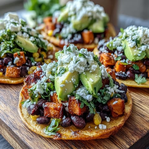 Black Bean and Sweet Potato Tostadas showcase smoky sweet potatoes and zesty black beans on crunchy shells, finished with avocado and feta for a vibrant vegetarian lunch.