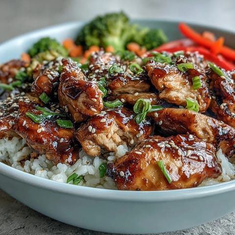 Glazed Honey Garlic Chicken Bowl with fluffy rice, steamed broccoli, and crunchy bell peppers, garnished with sesame seeds.