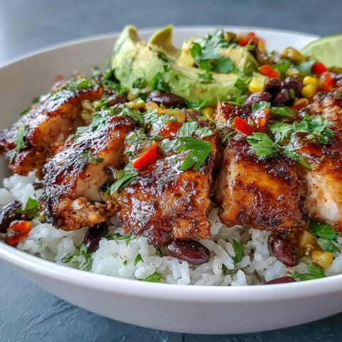 A hearty Cajun Chicken Bowl garnished with fresh cilantro and lime wedges on a rustic wooden table.