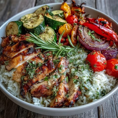 Roasted zucchini, bell peppers, and red onions sit beside herbed chicken on rice, drizzled with bright lemon dressing.