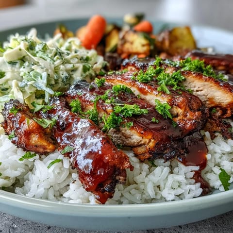 Juicy BBQ-glazed chicken slices rest on fluffy white rice with crisp coleslaw and vibrant roasted vegetables.