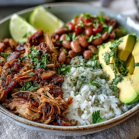 Tender shredded pork carnitas over steamed white rice, topped with creamy avocado slices and vibrant fresh tomato salsa for dinner.