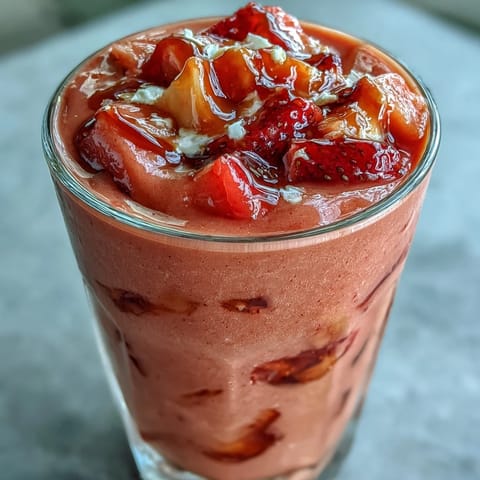A frosty Guava Juice Smoothie in a glass, topped with fresh strawberries and mint garnish.