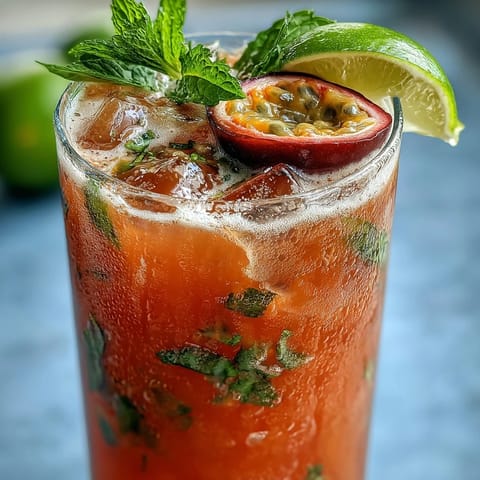DIY Iced Guava Passionfruit Drink in a tall glass, garnished with fresh mint and a lime wedge, condensation dripping down the sides.