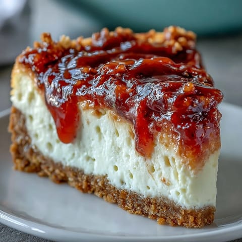 A sliced piece of Guava Cheesecake revealing a creamy filling and tangy fruit swirl, served on a dessert plate.