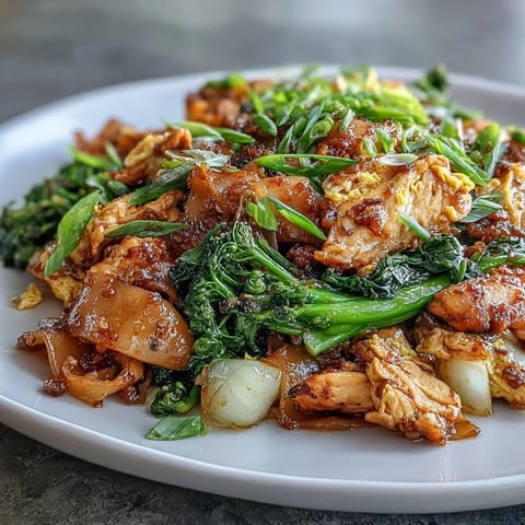 Authentic Thai Pad See Ew stir-fry in a hot wok. 