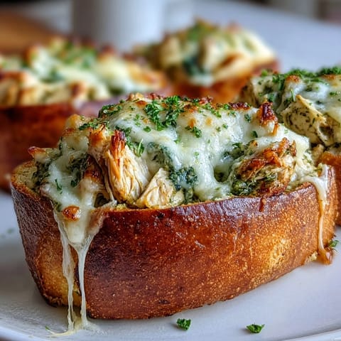 Pesto Chicken Garlic Bread Boats filled with juicy pesto chicken and gooey mozzarella, served hot and golden on a wooden board.