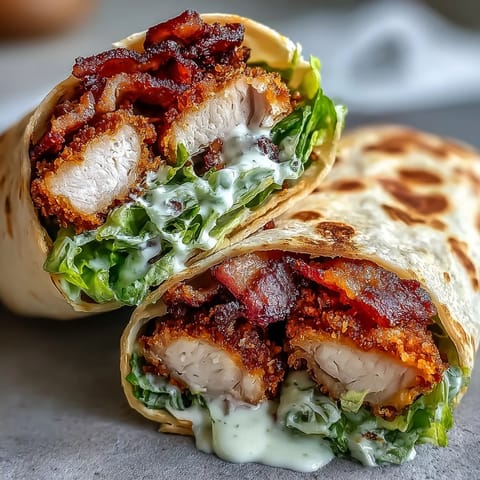 Golden brown crispy chicken thighs and crunchy bacon slices wrapped inside a warm flour tortilla with Caesar-dressed romaine lettuce.