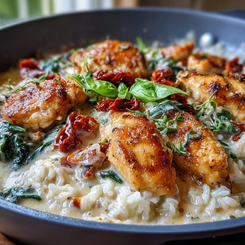 Golden-brown chicken pieces and sun-dried tomatoes simmer in a creamy garlic-P