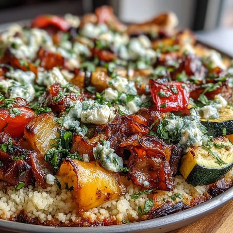 Fork-tender eggplant and bell peppers in a savory Roasted Veggie & Feta Couscous Bake.