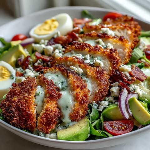 Crispy oven-baked chicken thighs with a crunchy Parmesan crust sit atop a vibrant, classic Cobb salad base.