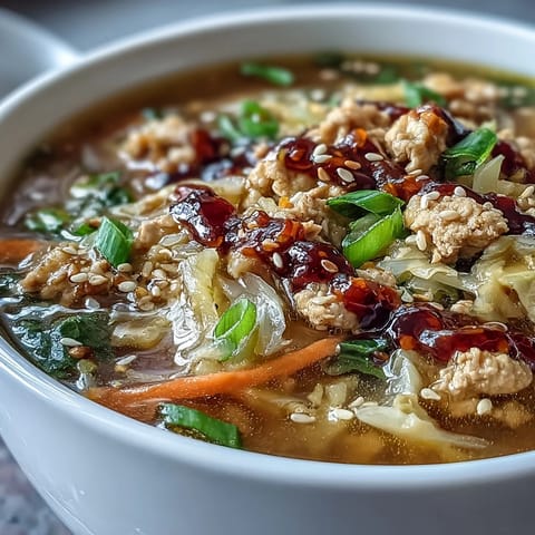 Colorful bowls of Egg Roll Soup with Chicken & Cabbage topped with sesame seeds, served alongside chopsticks.