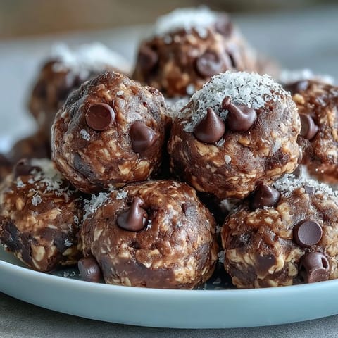 A close-up of Vegan Chocolate Peanut Butter Protein Balls with melted chocolate chips and creamy peanut butter.