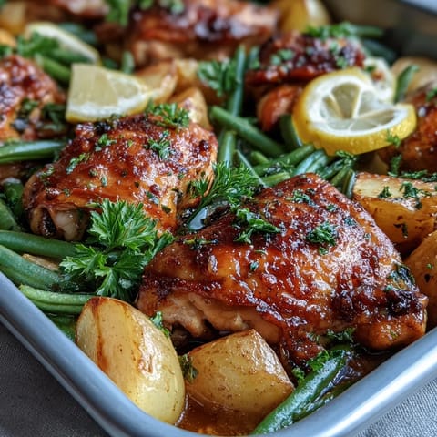 Freshly roasted Sheet Pan Lemon Garlic Chicken and vegetables shine on a parchment-lined pan, ideal for a quick, flavorful weeknight dinner.