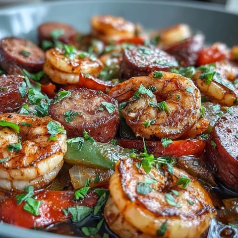 Keto Cajun Shrimp and Sausage Skillet with juicy shrimp and smoky sausage sizzling with peppers in a skillet.