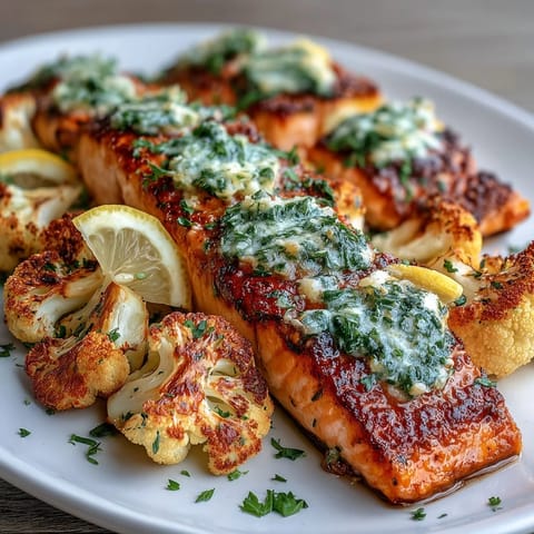 Herb Butter Salmon with Roasted Cauliflower: tender salmon baked with zesty herb butter, paired with crispy, smoky cauliflower florets for a satisfying keto meal.  