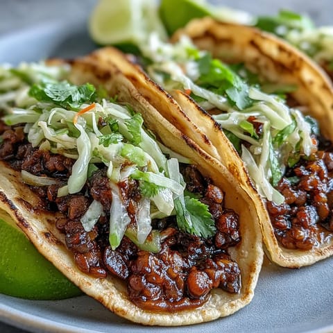 Colorful vegan BBQ lentil tacos with smoky filling and crisp cabbage slaw, served on warm corn tortillas for a fresh plant-based meal.  