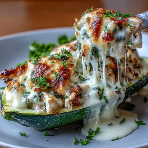 Keto Creamy Garlic Chicken Zucchini Boats with melted cheese and tender chicken filling, baked to perfection for a low-carb dinner.