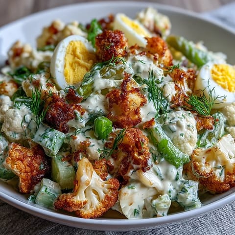 Keto cauliflower potato salad with dill pickles and eggs, roasted cauliflower florets tossed with creamy dressing, hard-boiled eggs, and fresh herbs.