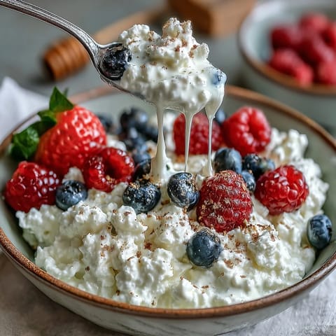A vibrant 5-minute cottage cheese berry bowl topped with crunchy sunflower and pumpkin seeds for a protein-rich snack.