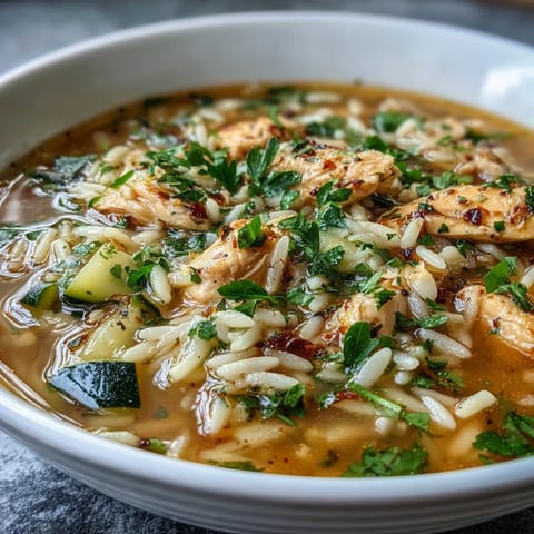 Bright bowl of lemon chicken and zucchini orzo soup with tender chicken, fresh herbs, and lemon slices on top.