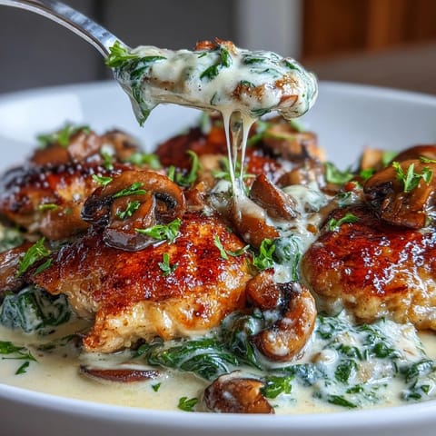 Golden-seared chicken breasts served over sautéed mushrooms and spinach in a velvety keto cream sauce.  