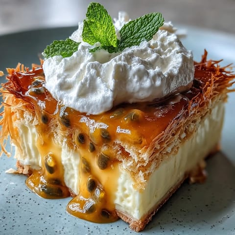 Buttery phyllo layers cradle tangy passionfruit curd, crowned with airy whipped cream and mint for a refreshing treat.