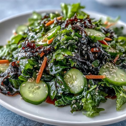 A vibrant Seaweed & Nori Crunchy Salad with mixed greens, crispy seaweed, and sesame seeds, tossed in zesty ginger-soy dressing.  