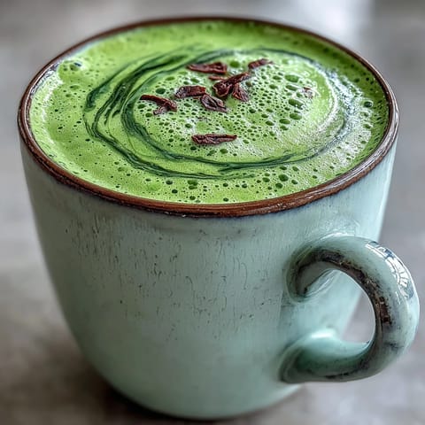 A creamy black sesame matcha latte served in a ceramic mug with a frothy milk top and a sprinkle of black sesame seeds.