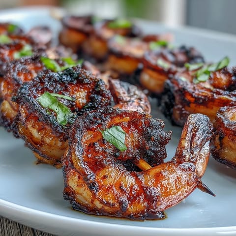 Jerk seasoning shrimp skewers sizzle on the grill, showcasing juicy shrimp coated in spicy Caribbean spices and served over fragrant coconut rice.  