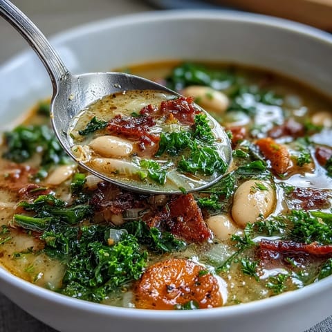 A comforting bowl of ham and kale white bean soup with tender vegetables and savory ham in a rich broth.  