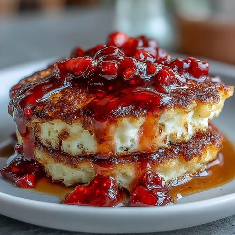 Fluffy cottage cheese pancakes topped with vibrant homemade strawberry syrup for a protein-packed breakfast.
