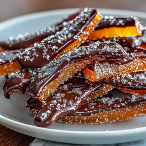 A tray of glossy candied orange peel strips dipped in dark chocolate, offering a perfect balance of citrus zest and rich cocoa flavor.  