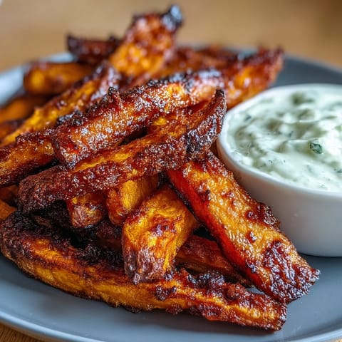Crispy air fryer sweet potato fries with golden edges, served alongside creamy homemade onion dip for a flavorful snack.  
