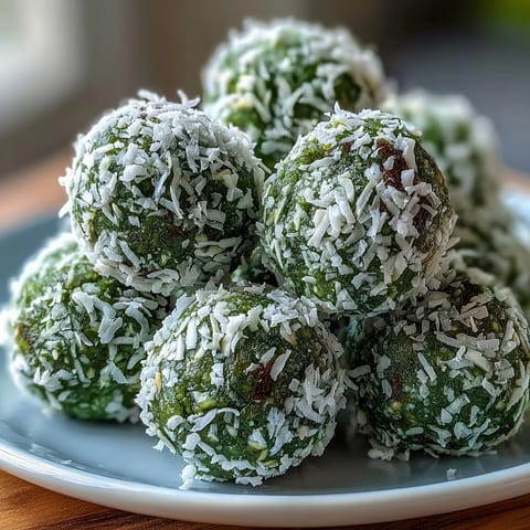 Vibrant green matcha coconut energy balls with oats, rolled in shredded coconut for a healthy, energizing snack.