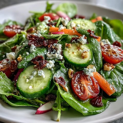 Fresh spring greens salad with honey mustard dressing, cherry tomatoes, cucumber, and crunchy radishes in a large bowl.  