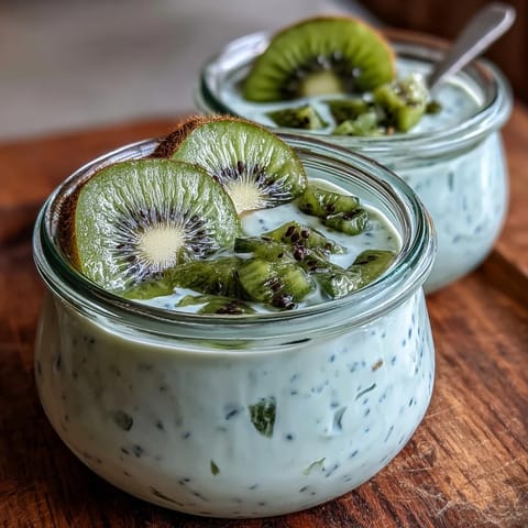 Vibrant kiwi and lime chia pudding served in clear jars, showcasing colorful layers of tropical fruit and creamy coconut chia pudding.