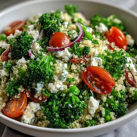 Nutty quinoa mixed with crisp broccoli, green peas, and creamy feta in a nourishing vegetarian dish.