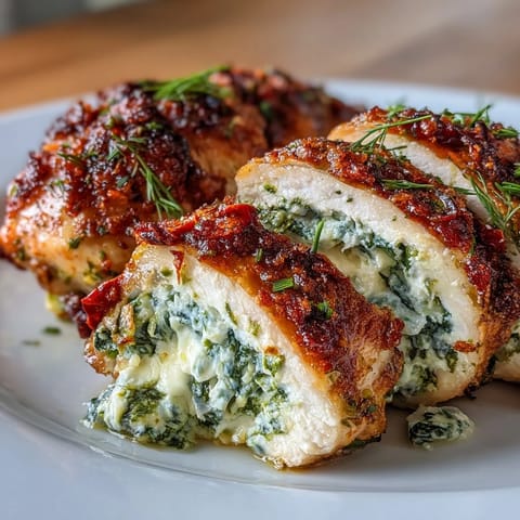 Delicious spinach and feta stuffed chicken breasts with a creamy herb filling, baked until golden and juicy for a Mediterranean-inspired main dish.