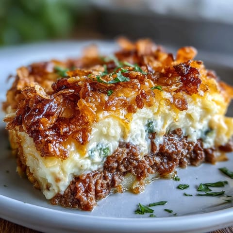Hearty funeral potatoes shepherds pie mash-up with golden cornflake topping and creamy cheddar potato crust.  