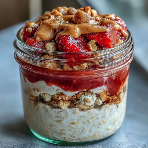 Creamy strawberry PB&J overnight oats topped with crunchy peanuts and fresh diced strawberries for a protein-packed breakfast.