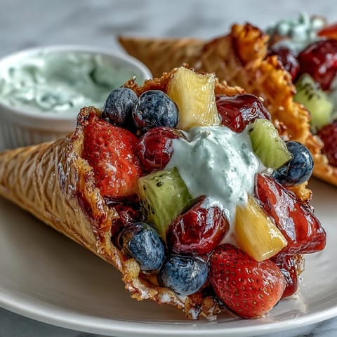 Fresh fruit-filled waffle cones with colorful berries and tropical fruit, served alongside a creamy yogurt dip for a refreshing summer treat.