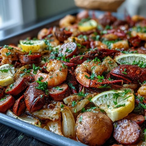Vibrant sheet pan dinner with crawfish, sausage, potatoes, and corn, seasoned with Cajun spices and roasted to perfection.