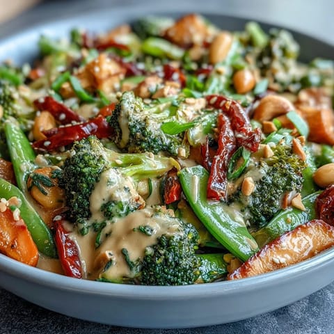 Quick and easy stir-fry recipe loaded with crisp vegetables and protein-rich peanut sauce, perfect for weeknight dinners.  